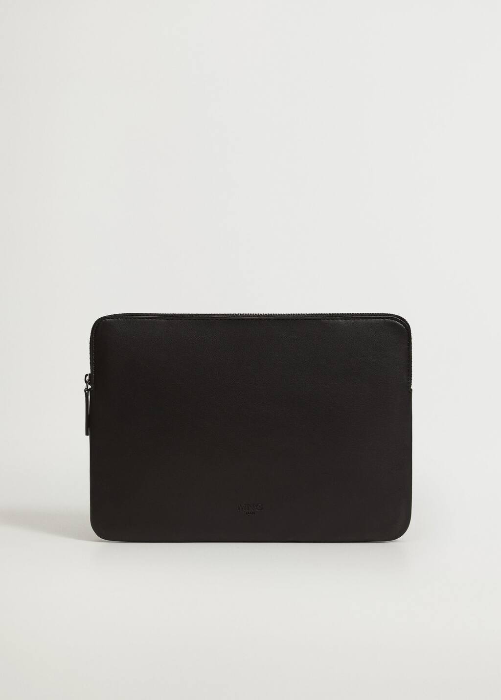 Mango Leather-effect laptop case. a black laptop case sitting on top of a white surface. 