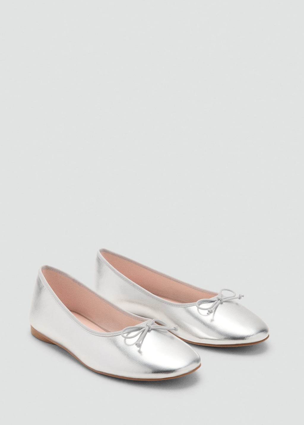 Mango Metallic Ballet Flats With Bow In Silver