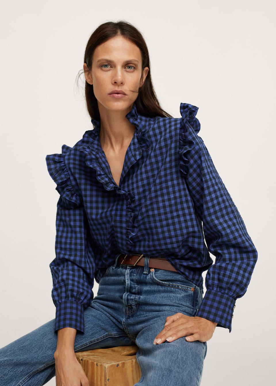 Mango indigo gingham Ruffles printed blouse, £35.99