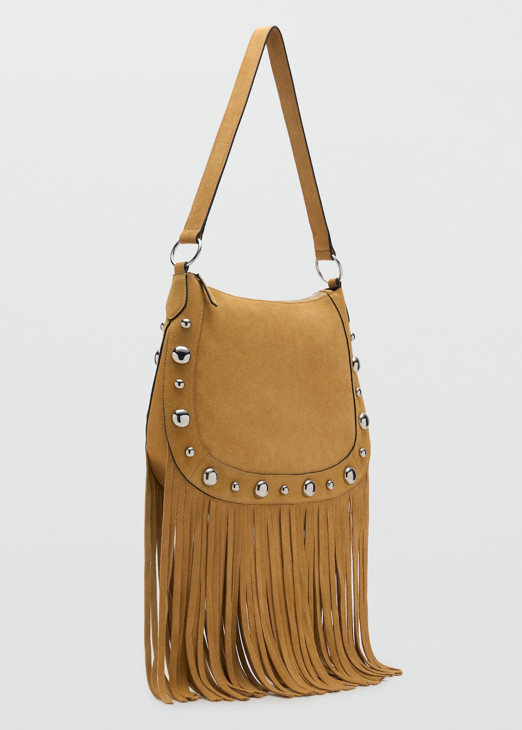 Mango Suede Bag With Fringes And Stud Details Mustard