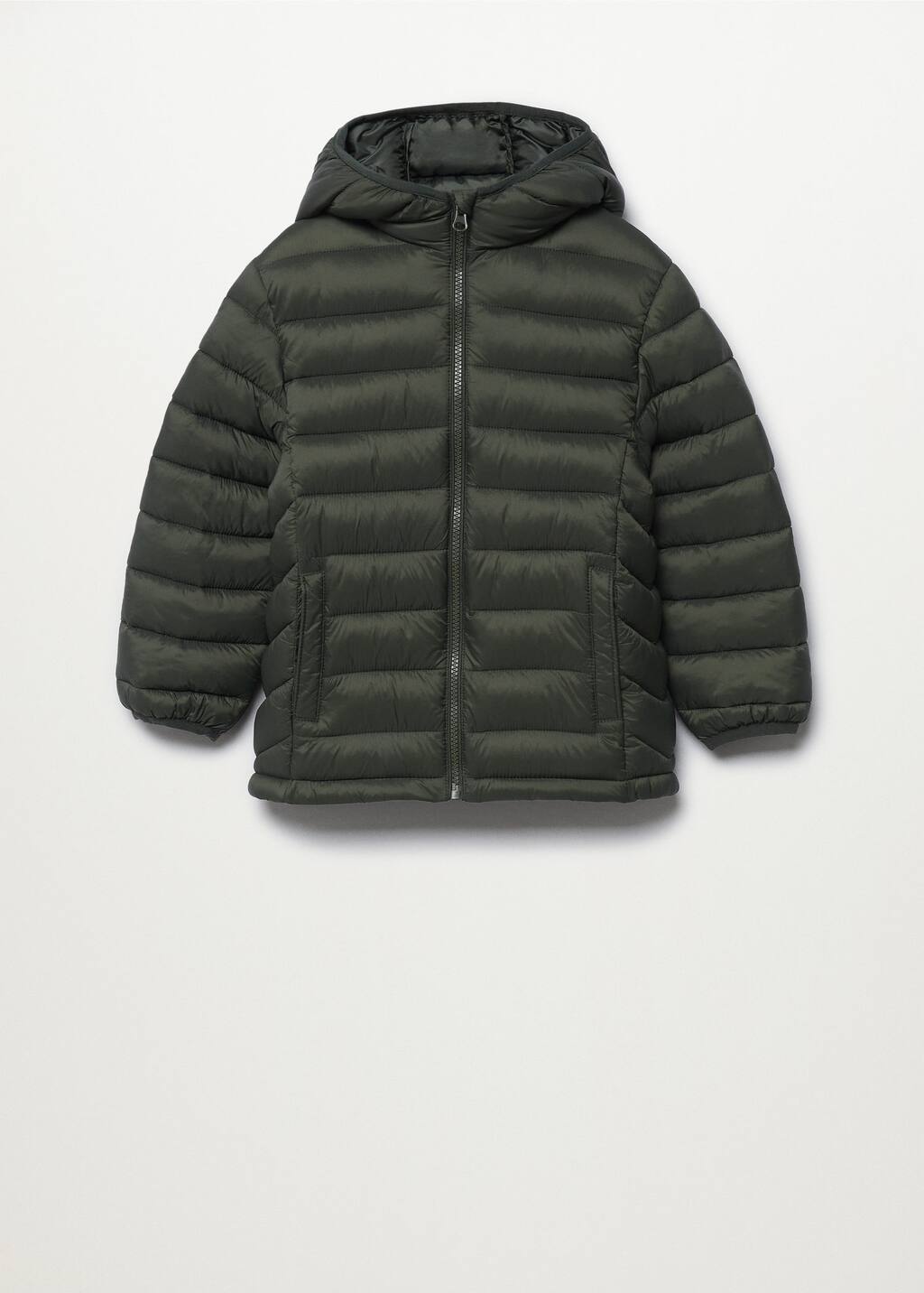 Mango Hood quilted coat. a dark green jacket is shown on a white background. 