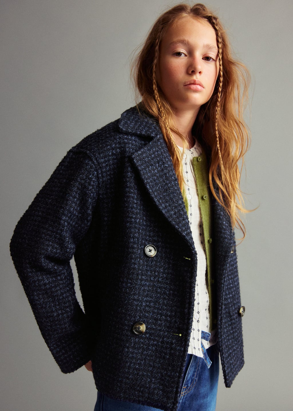 Mango Wool Tweed Jacket Navy In Blue