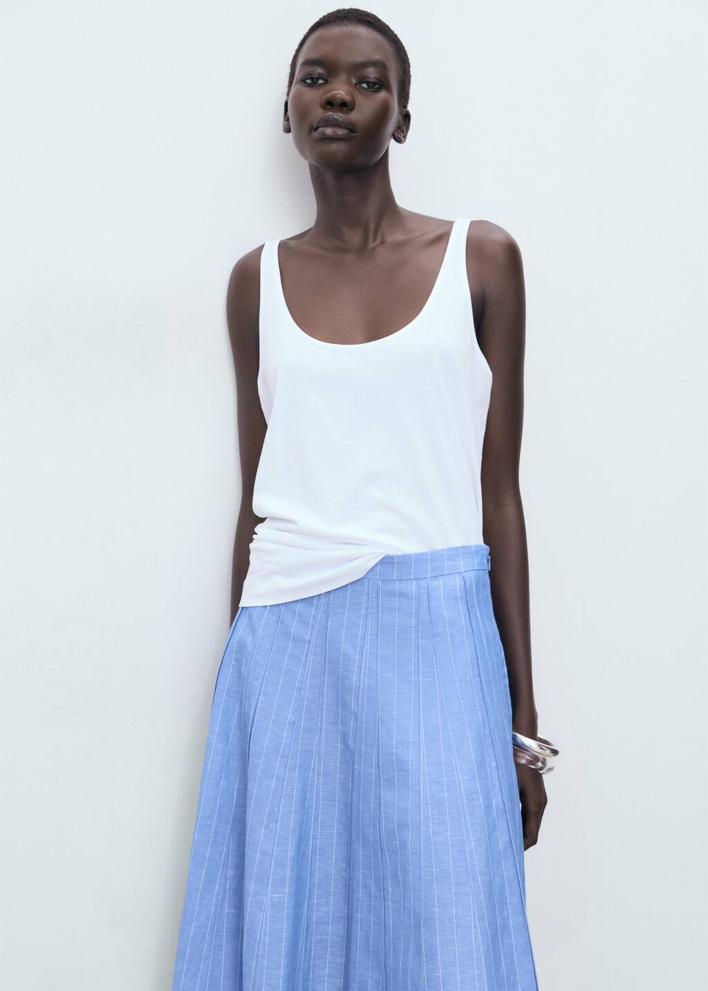 Striped linen-blend skirt