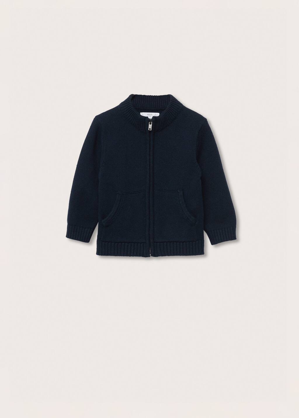 Mango Zipped cotton cardigan. a navy blue jacket is shown on a white background. 