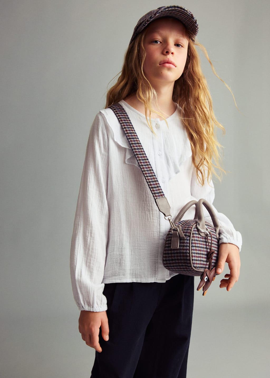 Mango Ruffled Bambula Shirt Sky Blue In White