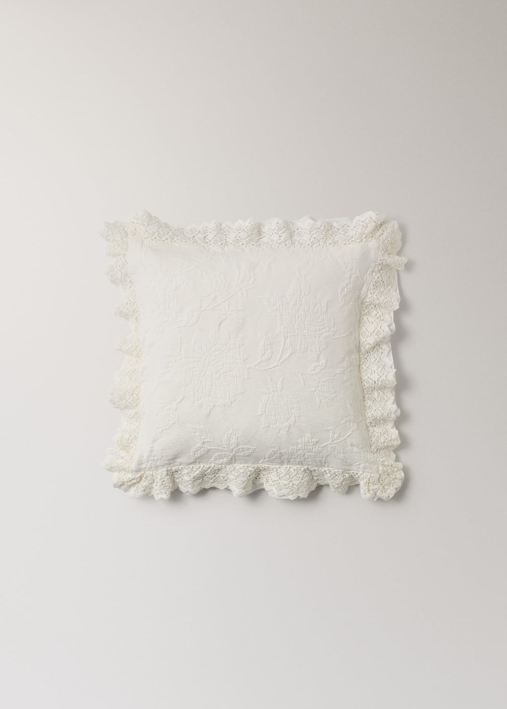 Mango Home Jacquard Bed Cushion Cover With Ruffle And Lace Trim, 50x50 Cm Off White