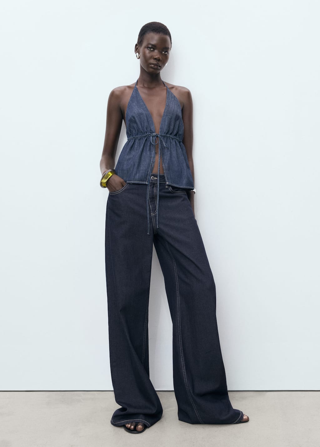 V-neck denim top with bow