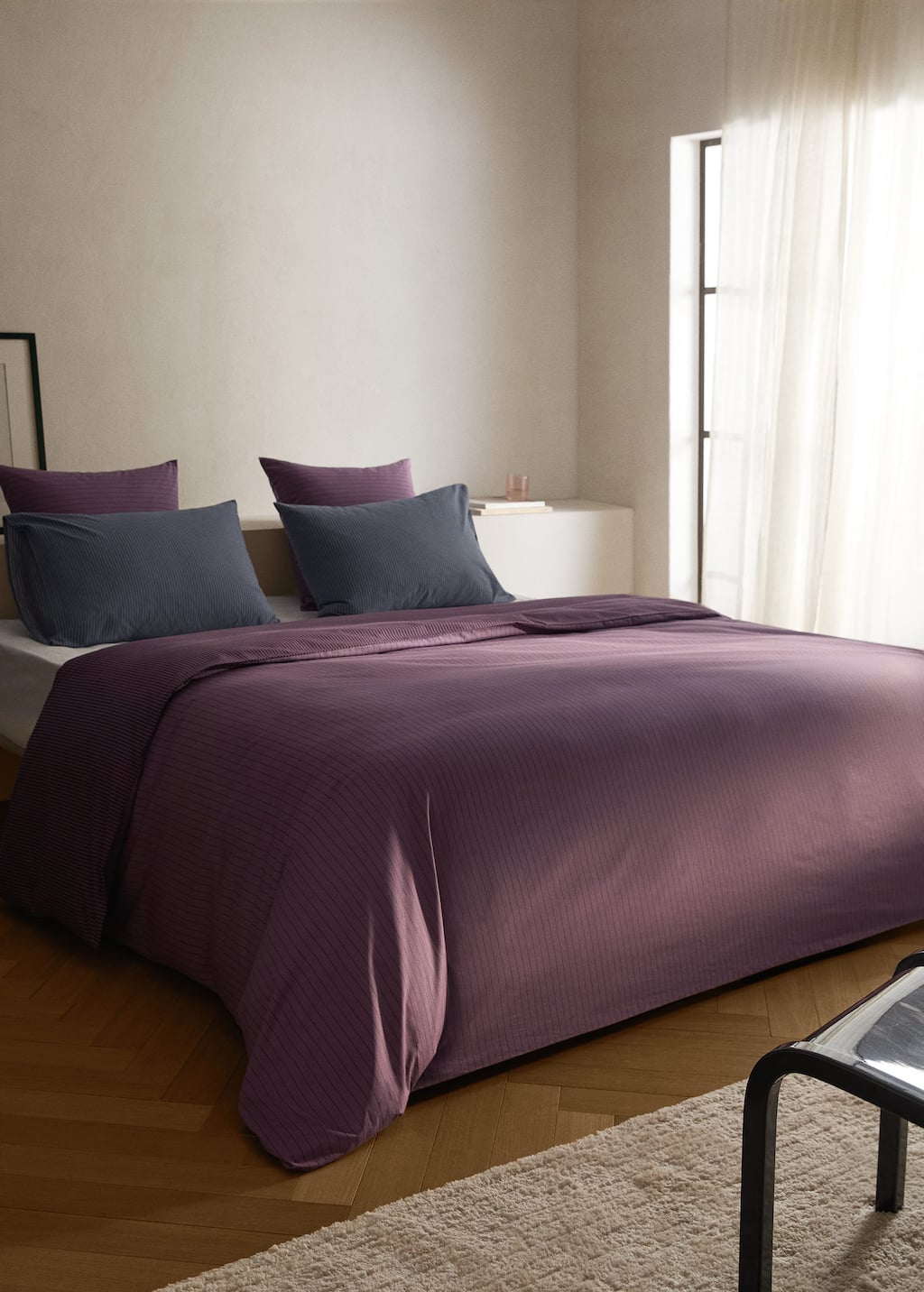 Mango Home Reversible Percale Cotton Striped Duvet Cover For 180/200 Cm Bed Plum In Purple