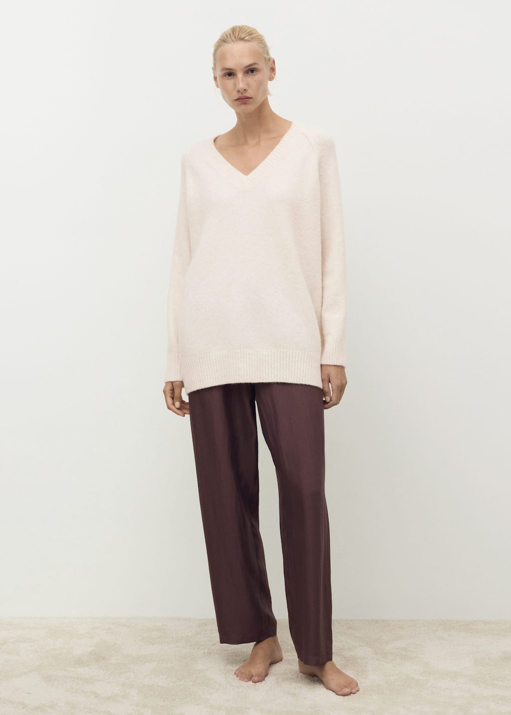 Mango Pull-over Maille Col En V Ivoire - Femme - L - In White