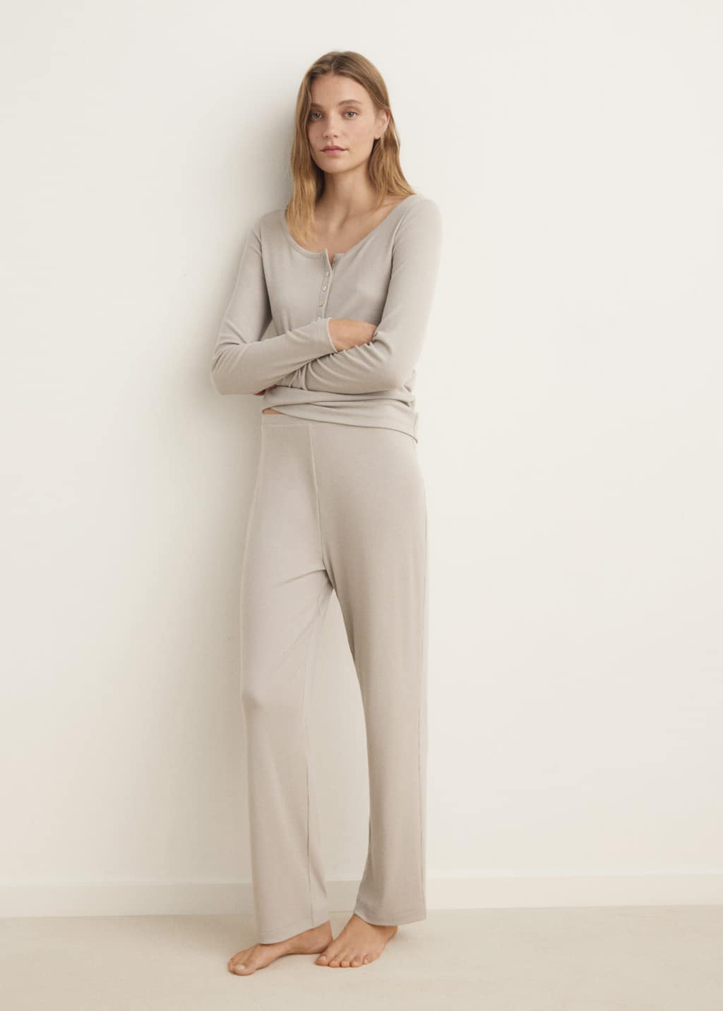 Mango Pantalon De Pyjama Maille Côtelée Gris Clair/pastel - Femme - M -
