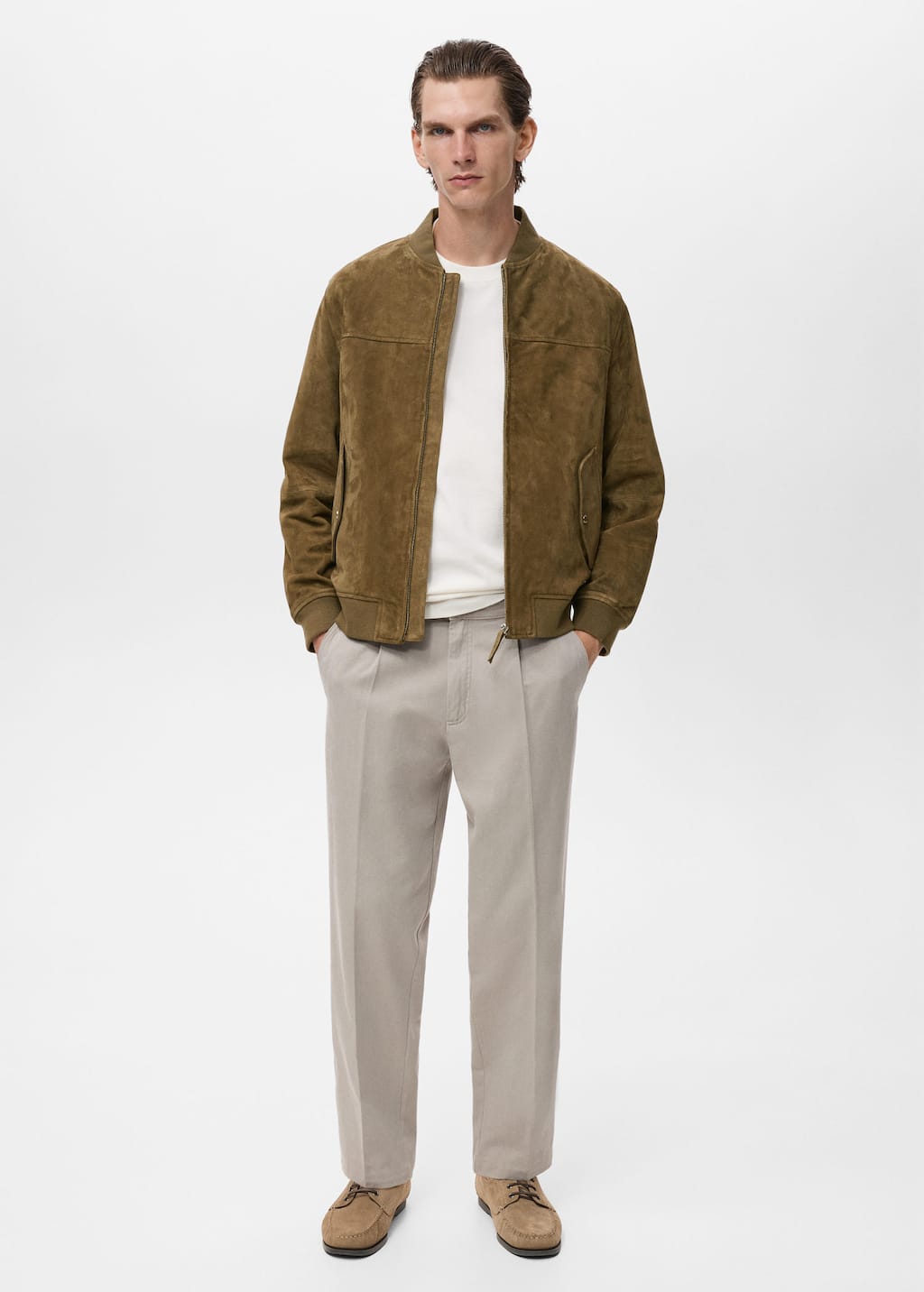 Mango Man Suede Leather Bomber Jacket Khaki In Brown
