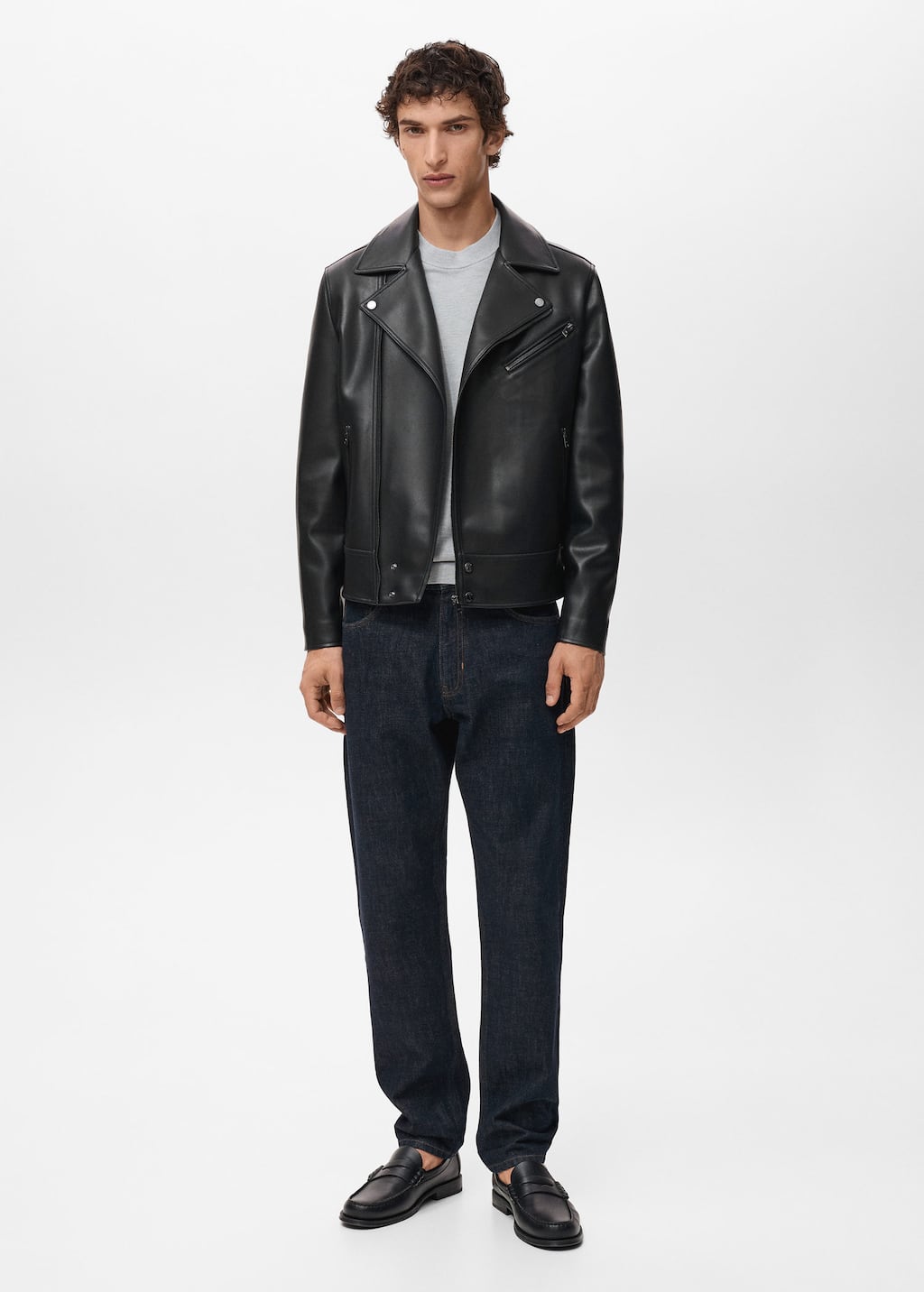 Mango Man Leather-effect Biker Jacket Black In Black