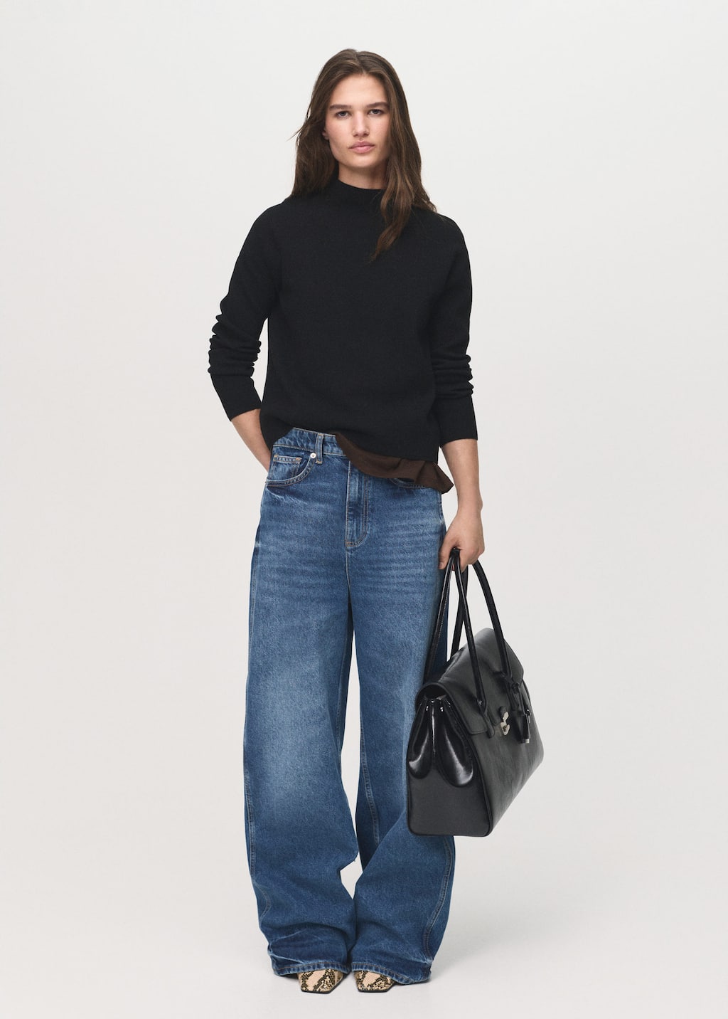 Mango Knitted Sweater With Perkins Neck In Black