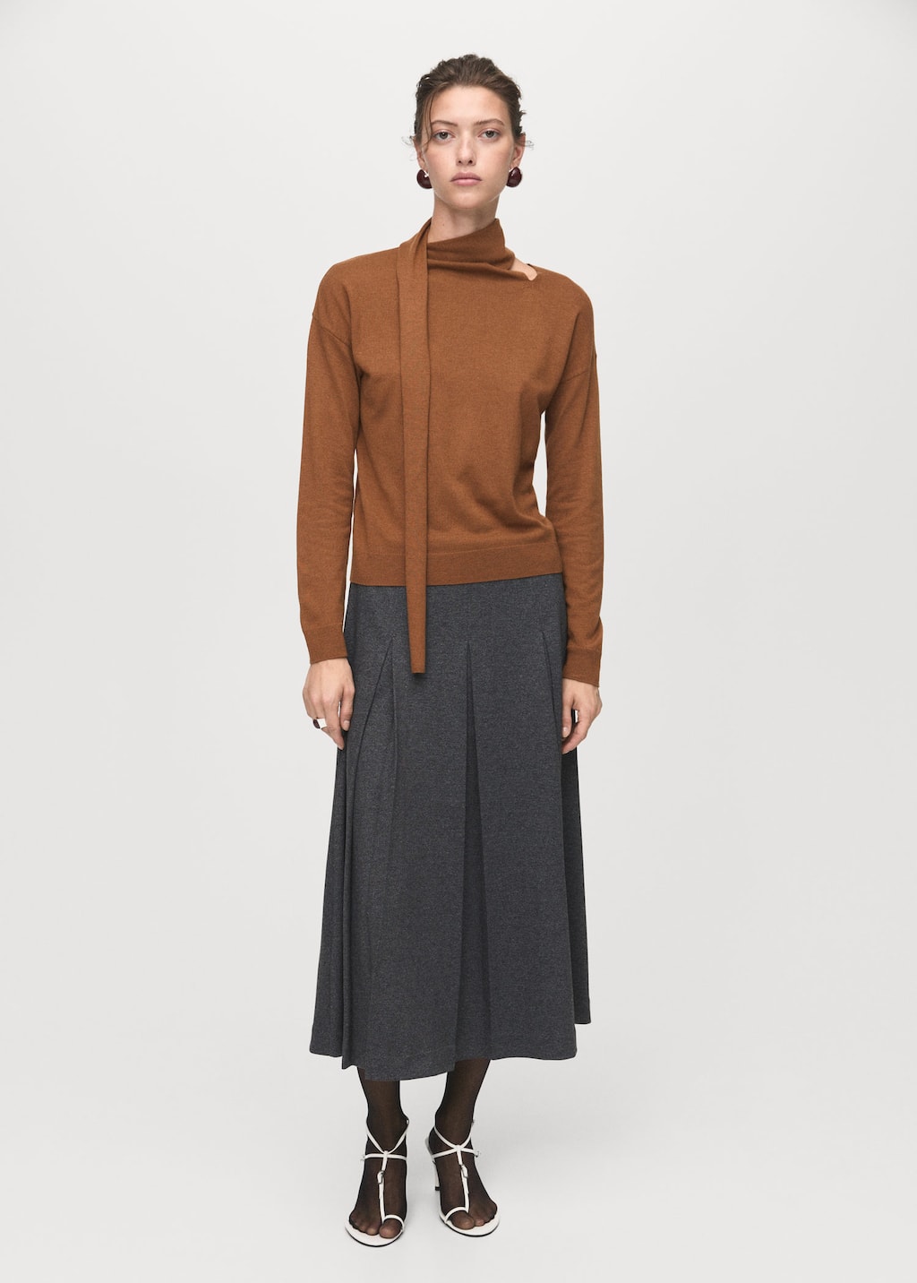 Mango Fine-knit Sweater With Scarf Medium Brown In Brown