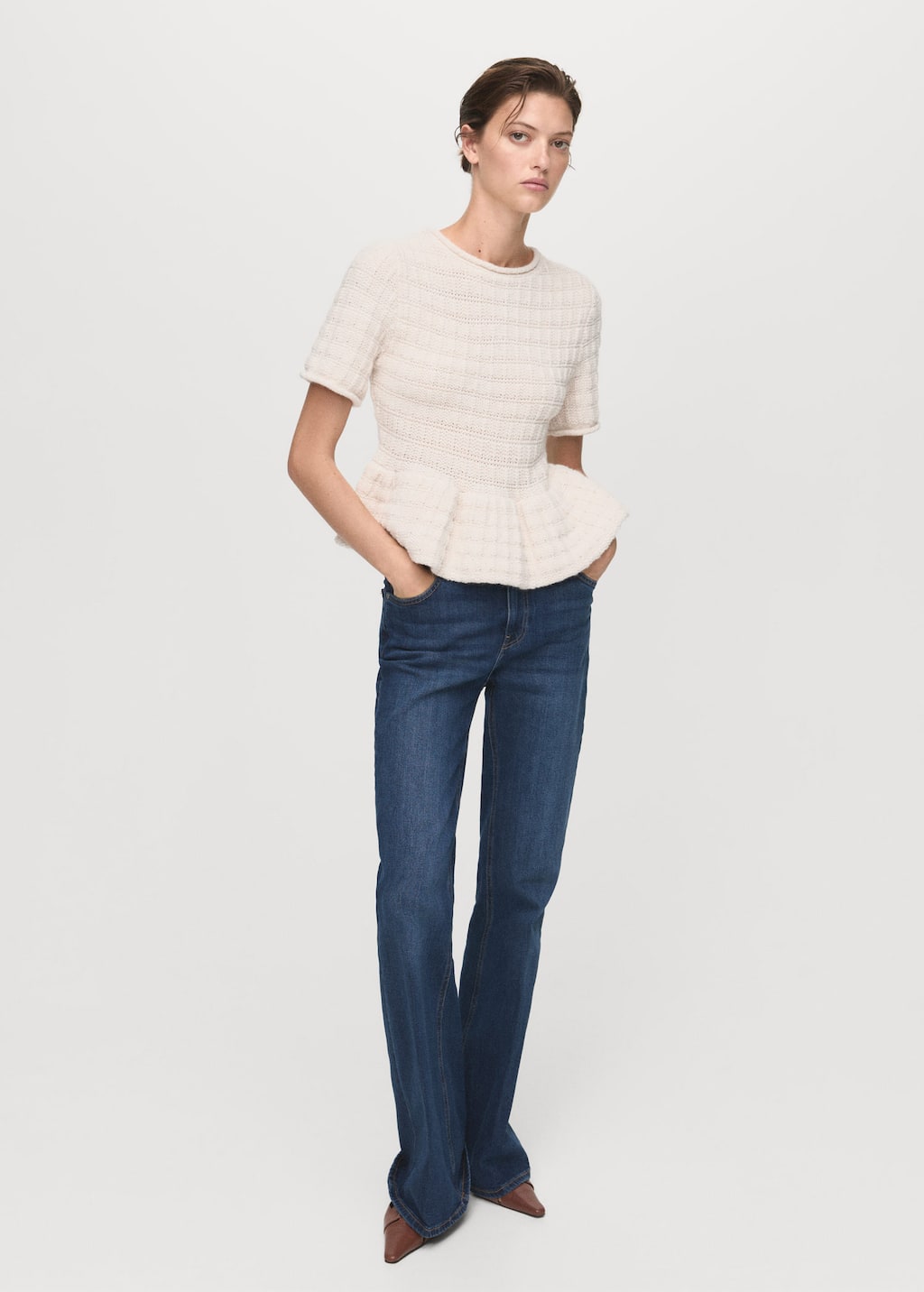 Mango Textured Ruffle Sweater Ecru In White