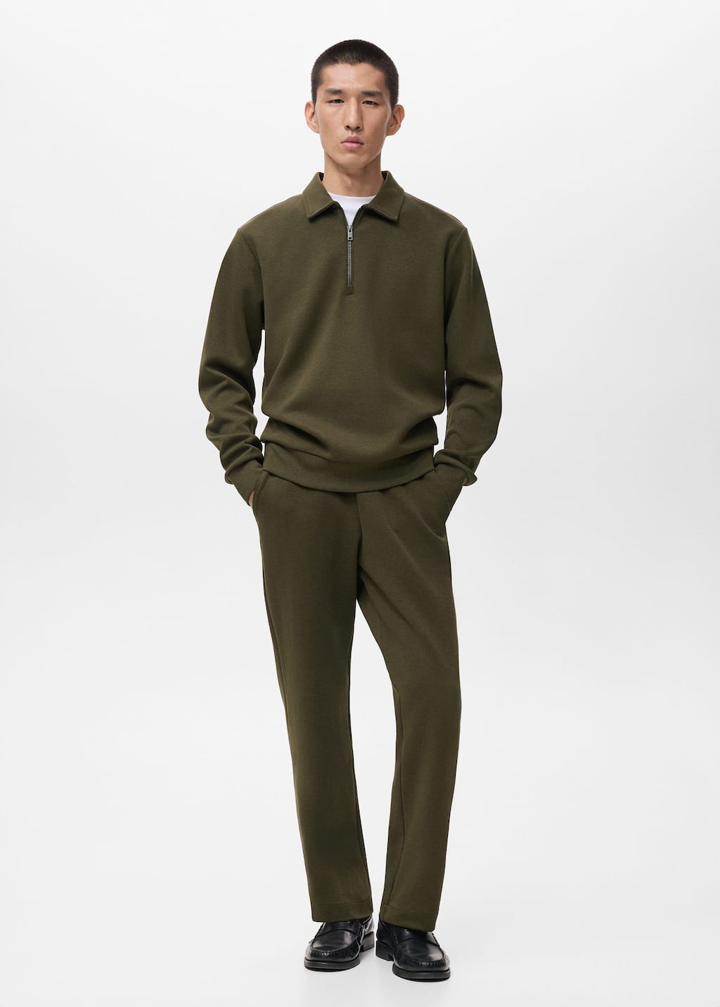 Mango Man Regular-fit Zip-neck Sweatshirt Olive Green In Green