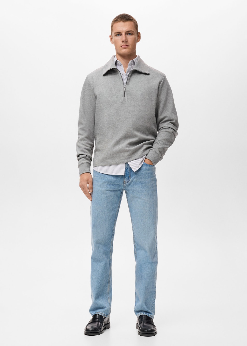 Mango Man Cotton Sweatshirt With Zipper Neck Medium Heather Grey In Gray