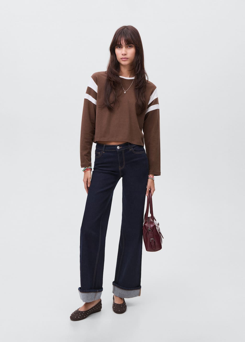 Mango Teen Contrasting Collar Cotton T-shirt In Brown