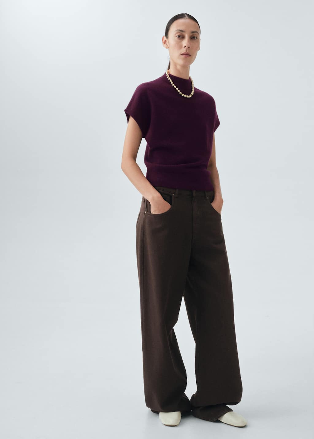 Mango High Collar Wool Sweater Wine In Burgundy