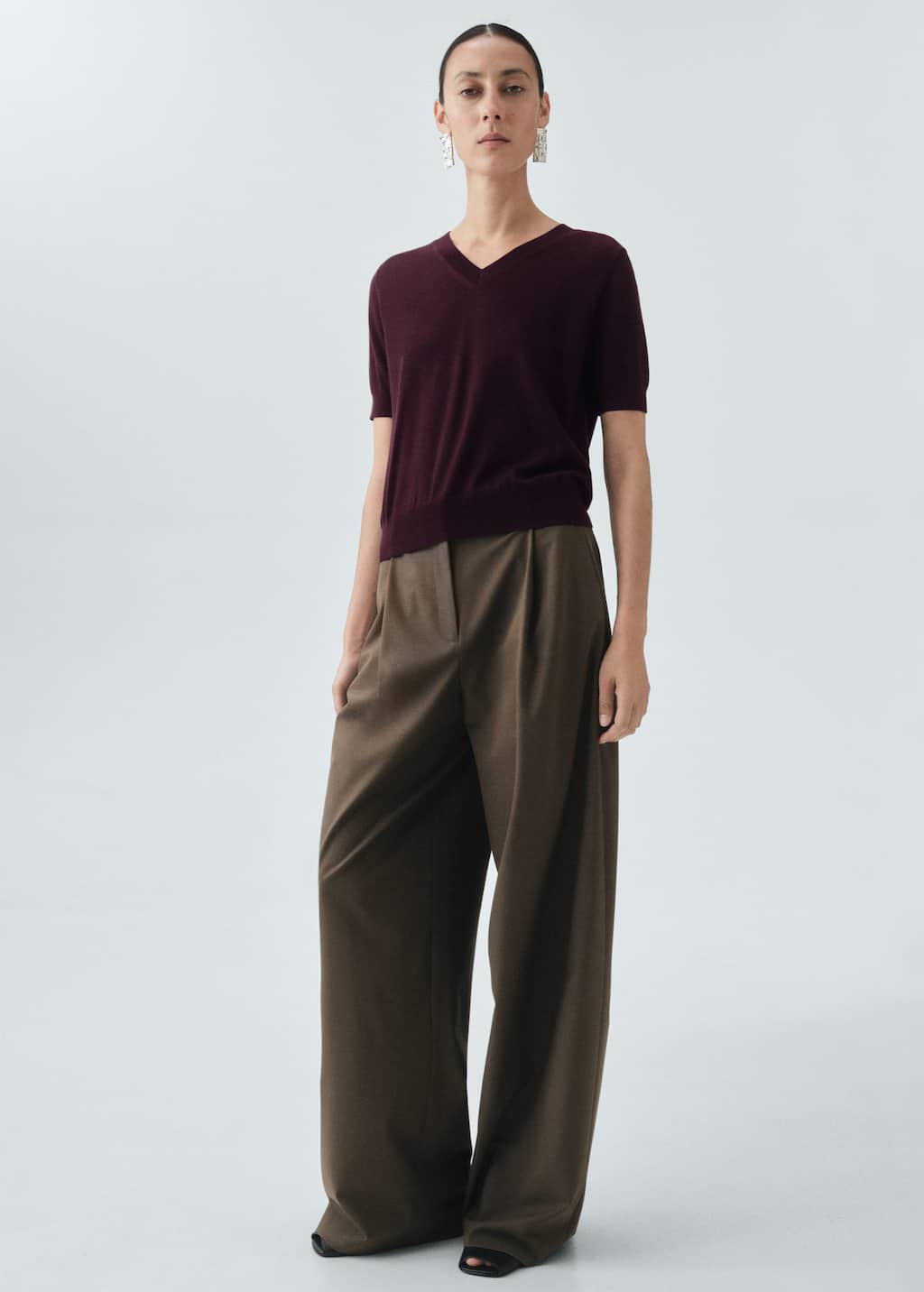 Mango 100% Wool V-neck Sweater Wine In Burgundy
