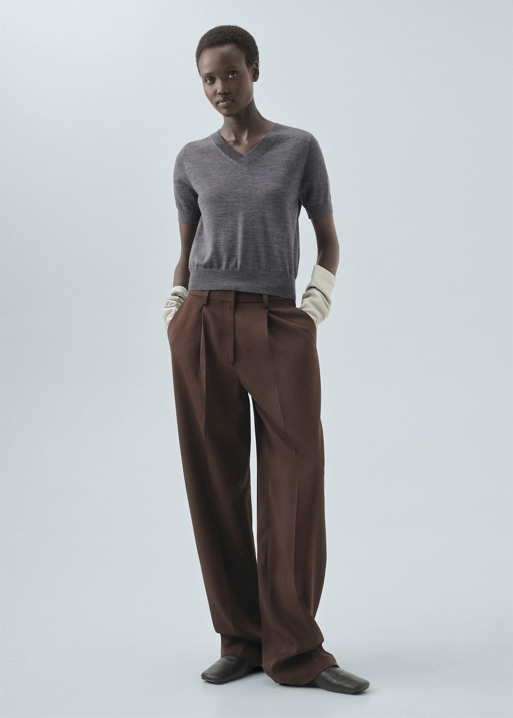 Mango 100% Wool V-neck Sweater Medium Heather Grey In Gray