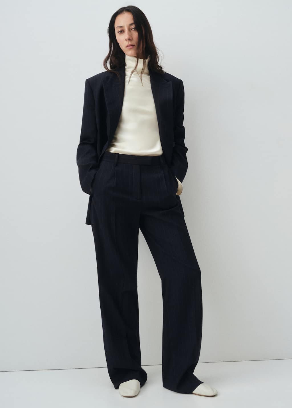 Mango Pinstripe Suit Trousers Navy In Black