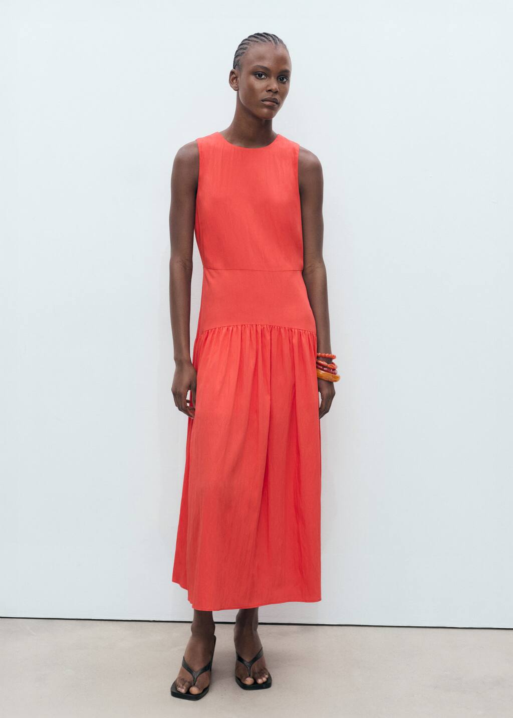 Mango Long Dress With Gathered Hem Intense Red In Red