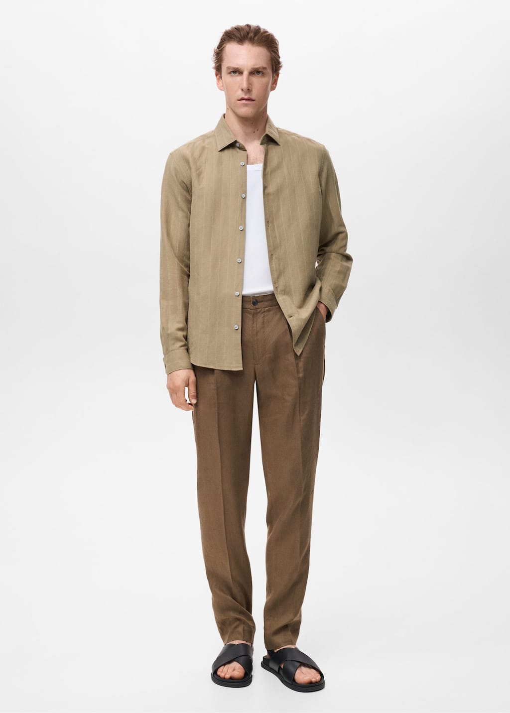 Mango Man Chemise Lin Rayures Tennis Kaki - Homme - Xl -