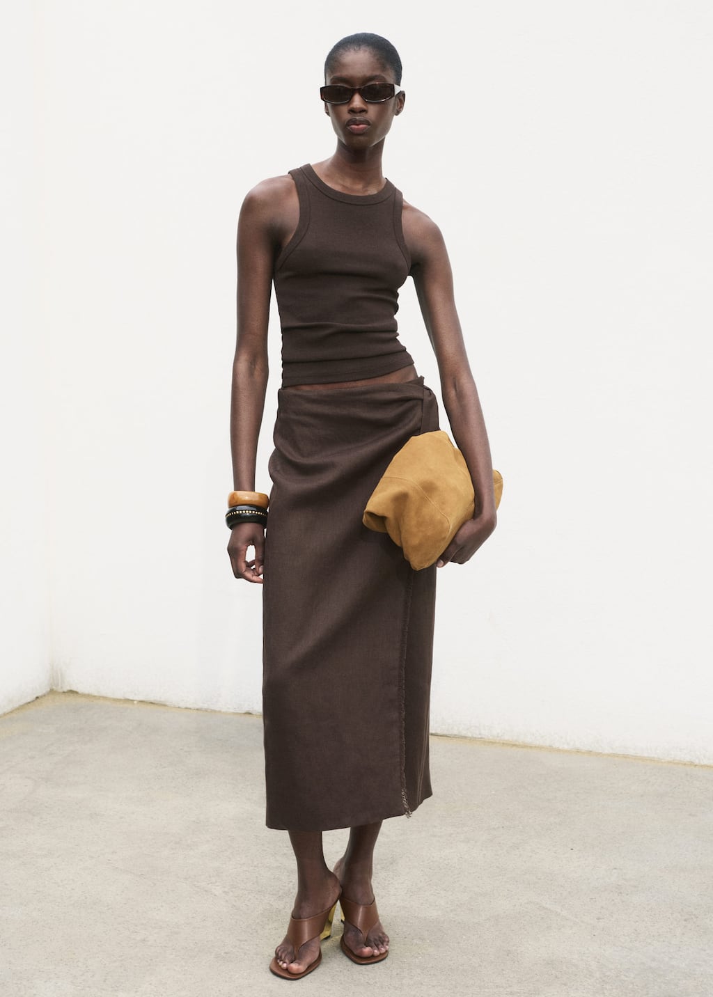 Mango Jupe Paréo Lin Chocolat - Femme - S -