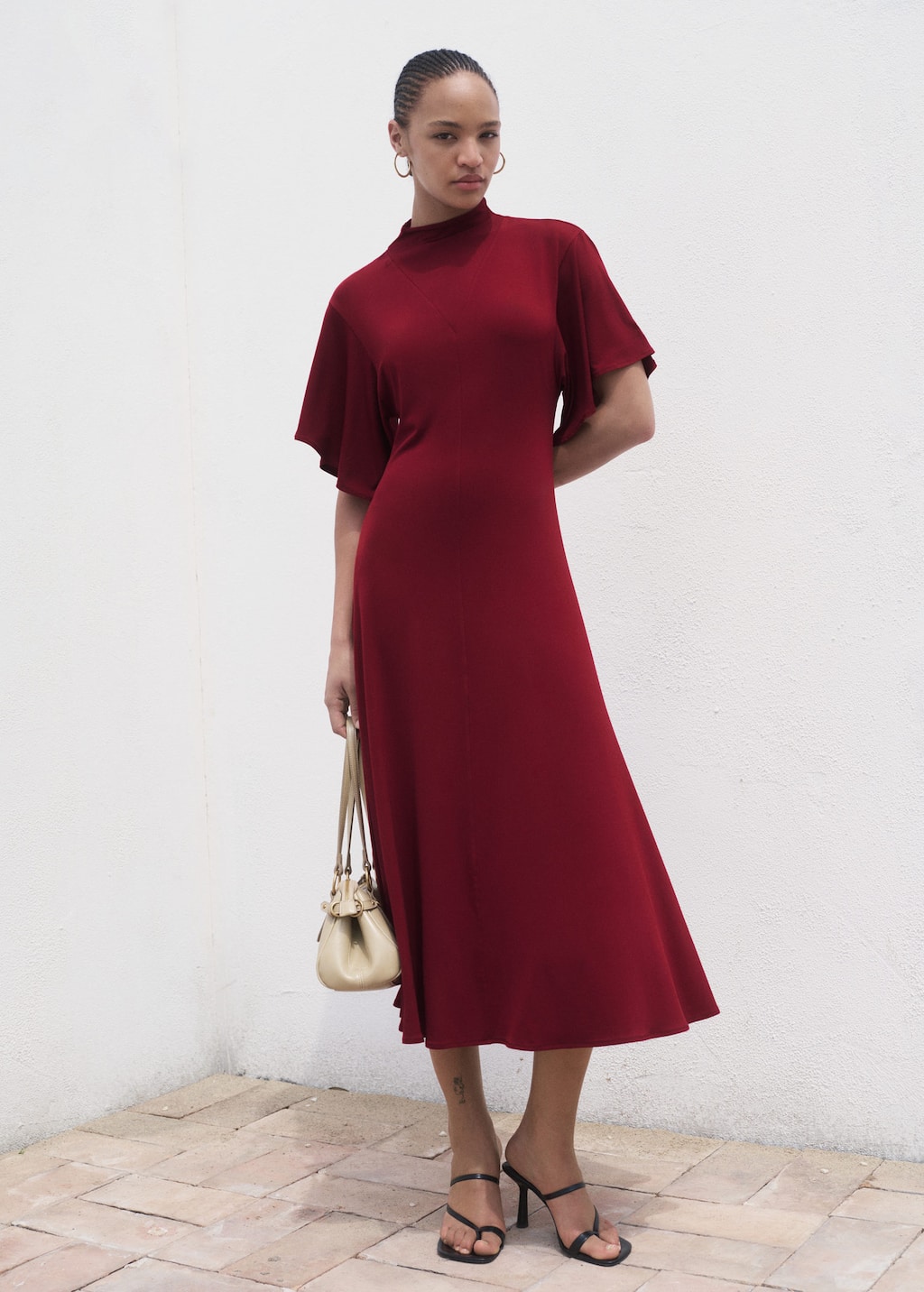 Mango Midi Dress With Bell Sleeves In Burgundy