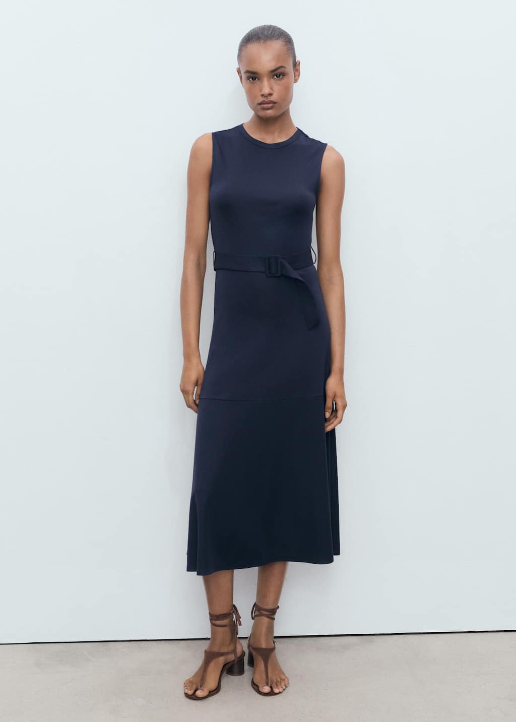 Mango Robe Midi Ceinture Bleu Marine - Femme - L - In Blue