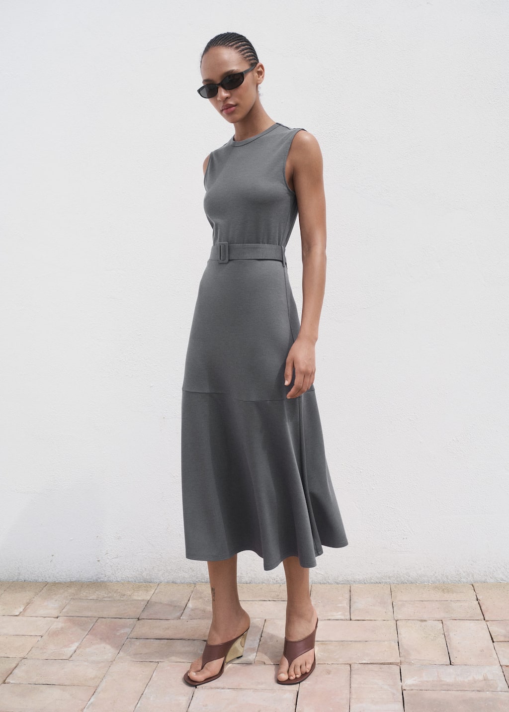 Mango Robe Midi Ceinture Gris Chiné Moyen - Femme - L - In Gray