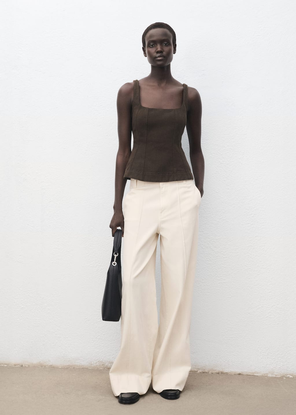 Mango Wide Leg Denim Pants With Stitching In Neutral