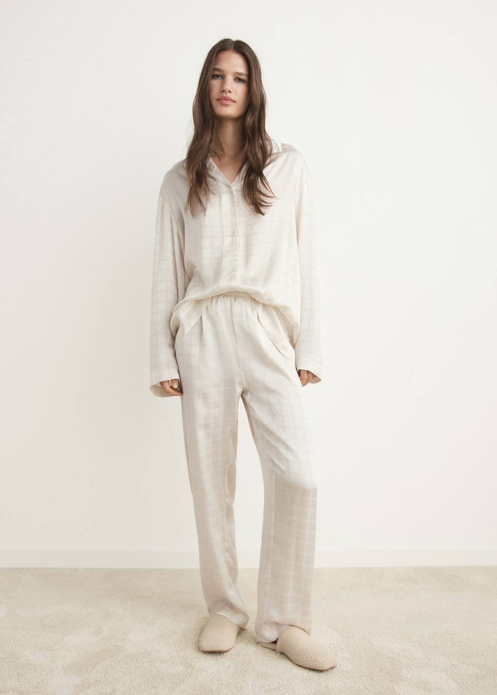 Mango Pantalon Pyjama Carreaux Rayonne Ivoire - Femme - L -  In White