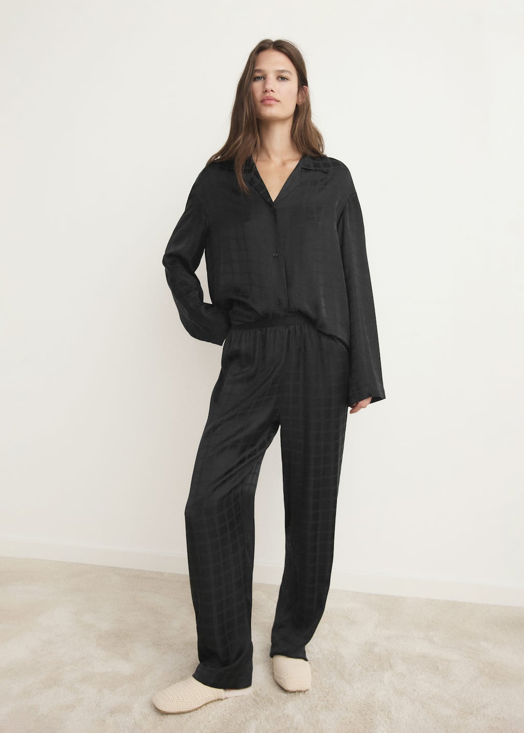 Mango Pantalon Pyjama Carreaux Rayonne Noir - Femme - L - In Black
