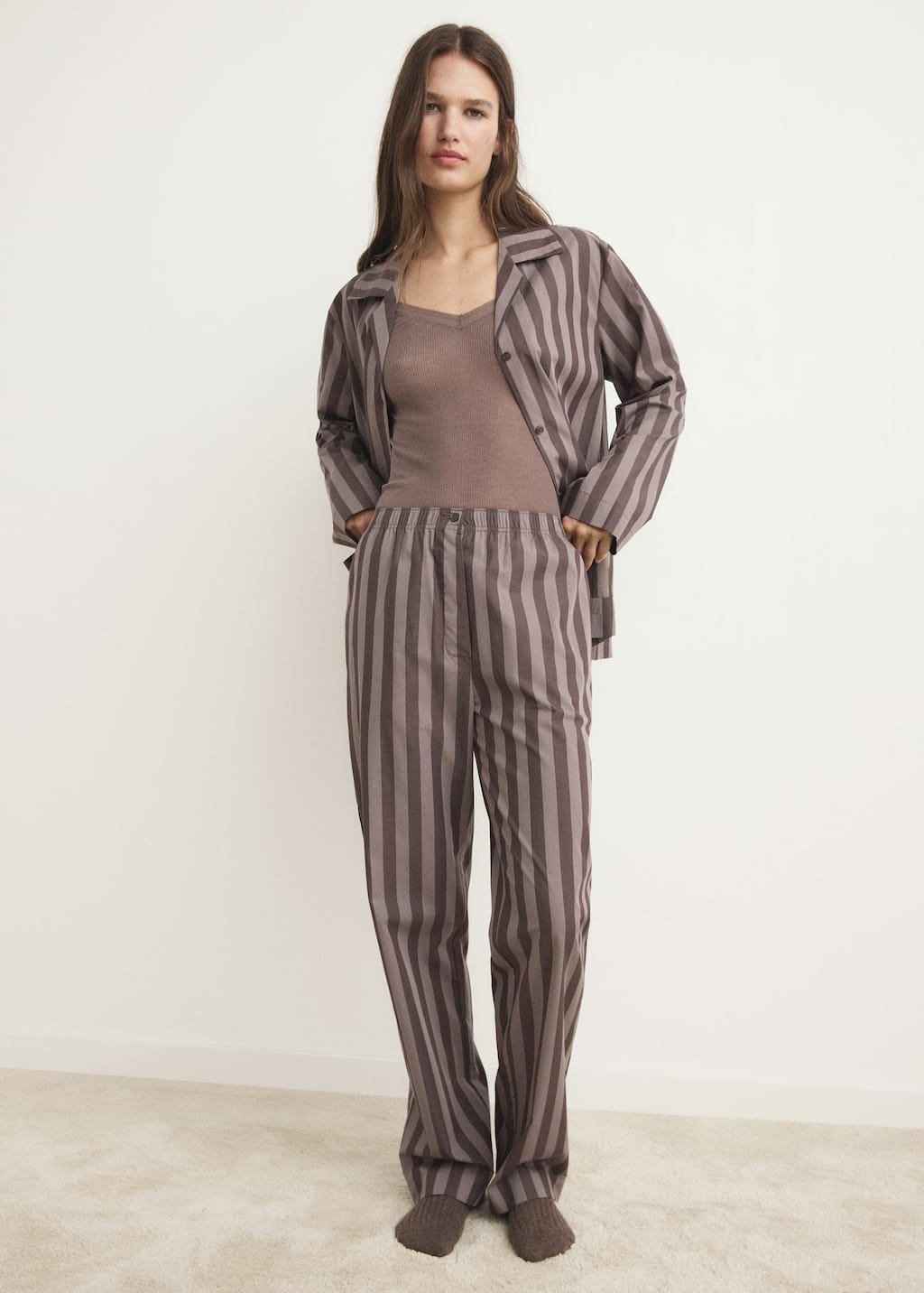 Mango Pantalon Pyjama Rayures Tricotées Marron - Femme - L -  In Brown