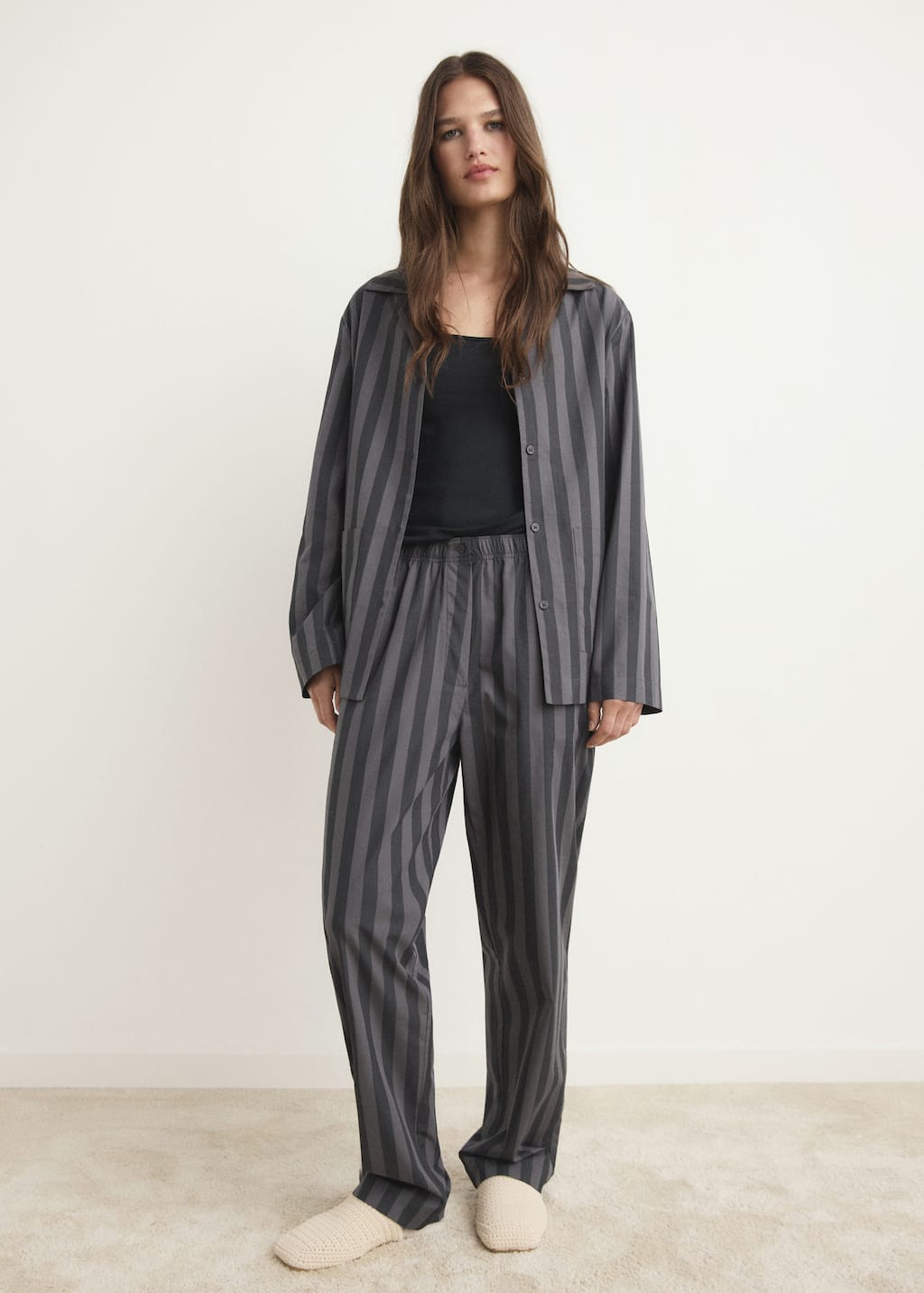 Mango Pantalon Pyjama Rayures Tricotées Gris - Femme - L -  In Gray
