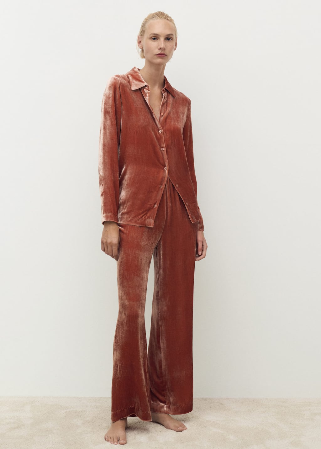 Mango Pantalon Velours Soie Orange Brûlé - Femme - M - In Orange
