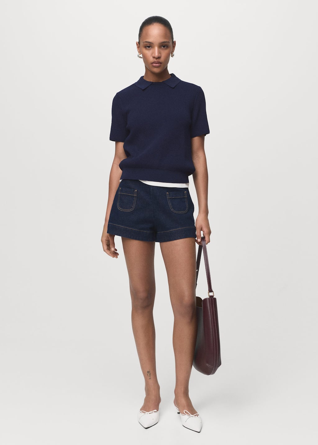 Mango Pull-over Col Chemise Bleu Marine Foncé - Femme - L -