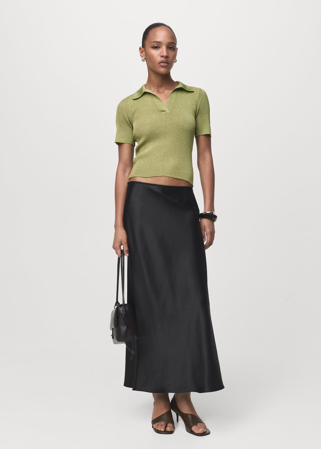 Mango Pull-over Lurex Col Polo Vert Pastel - Femme - L -