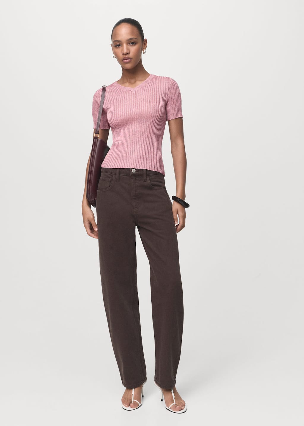 Mango Pull-over Lurex Manches Courtes Rose Pastel - Femme - L -