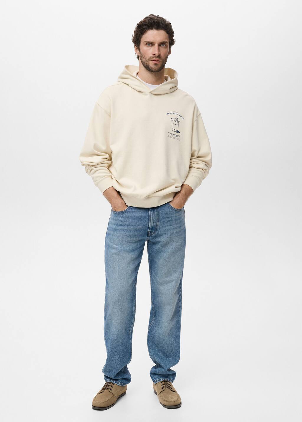Mango Man Graphic Hooded Sweatshirt Ecru In Sand