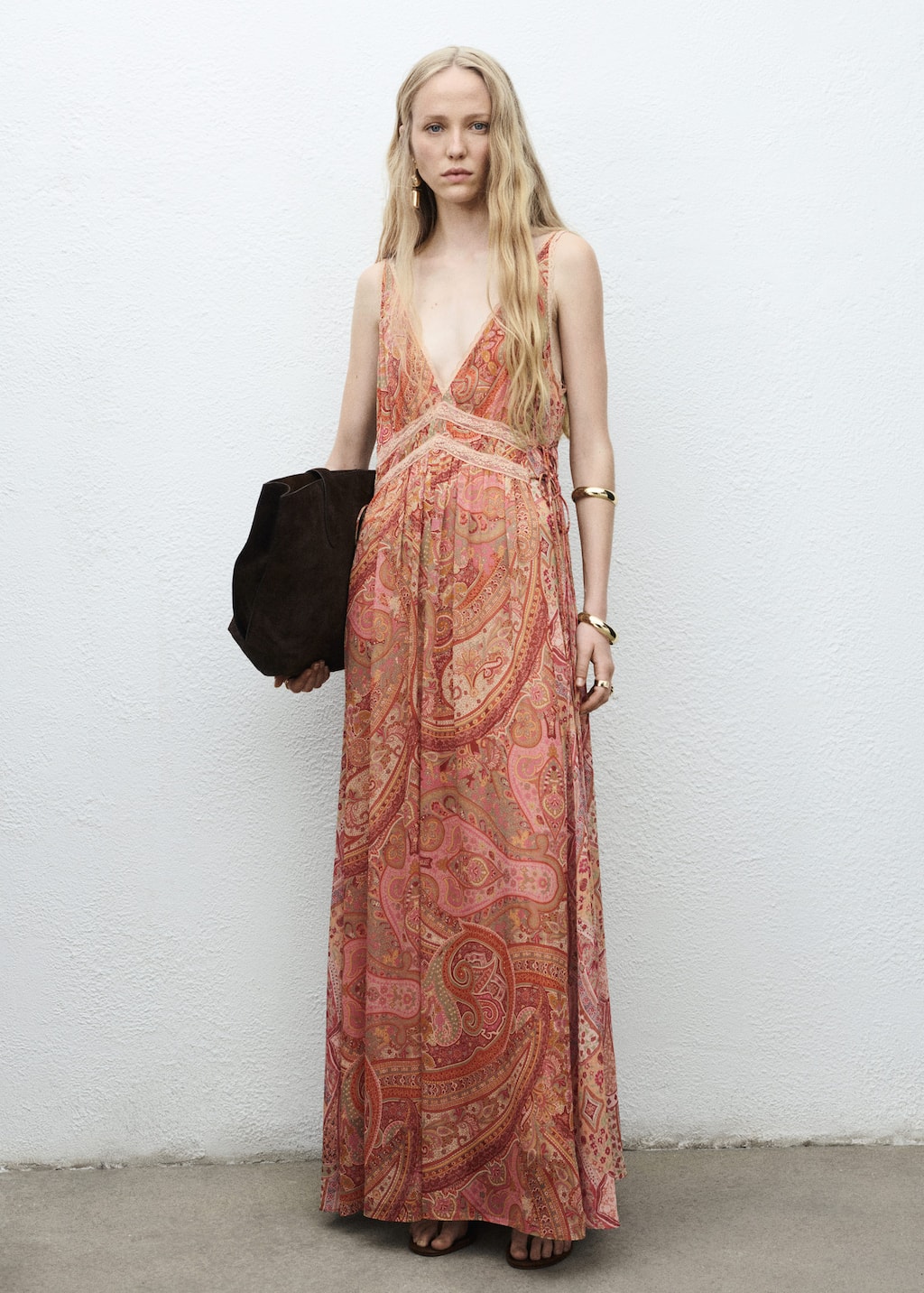 Mango Paisley-print Dress With Lace Trim Brown In Brown