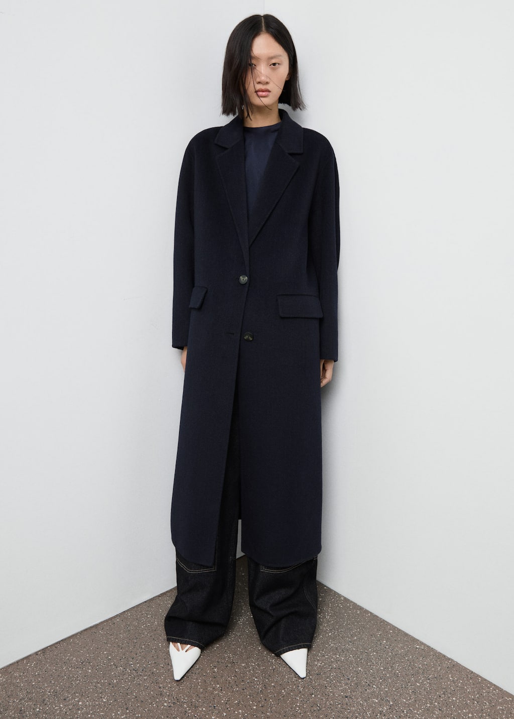 Mango Wool Overcoat Dark Navy In Black