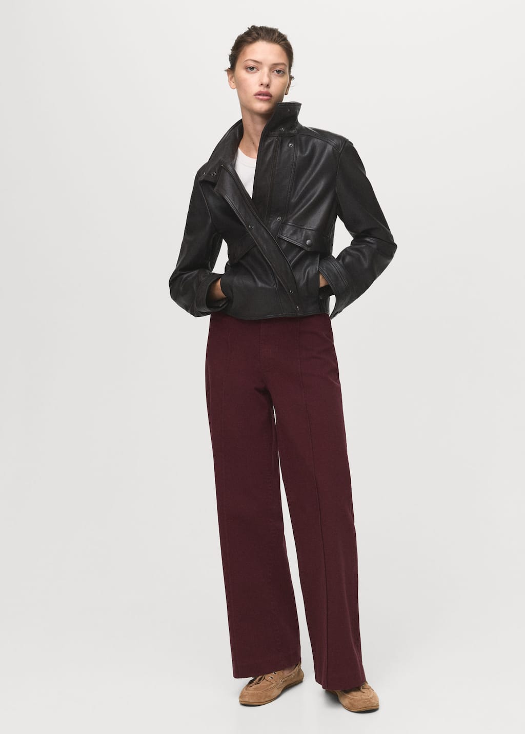Mango High-waisted Wide-leg Jeans With Stitching In Burgundy