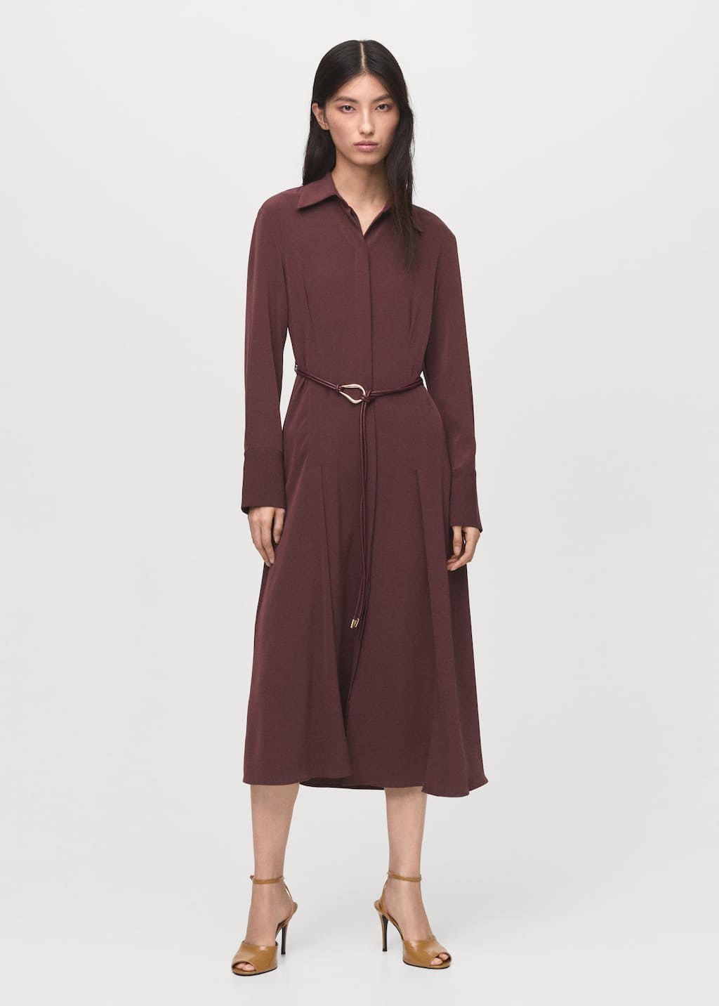 Mango Belt Shirt Dress Burgundy