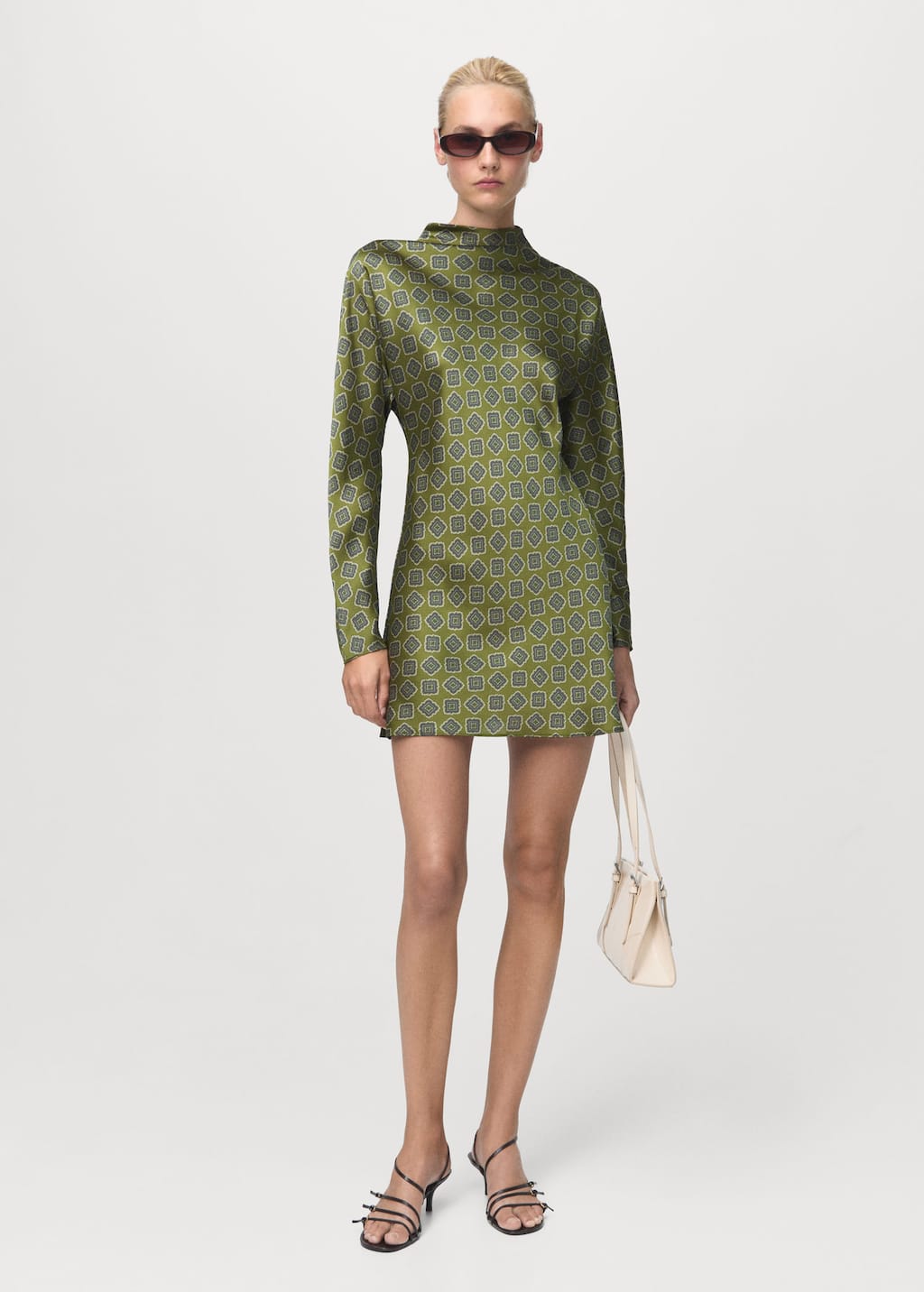 Mango Printed Satin Dress With Perkins Collar Green In Green