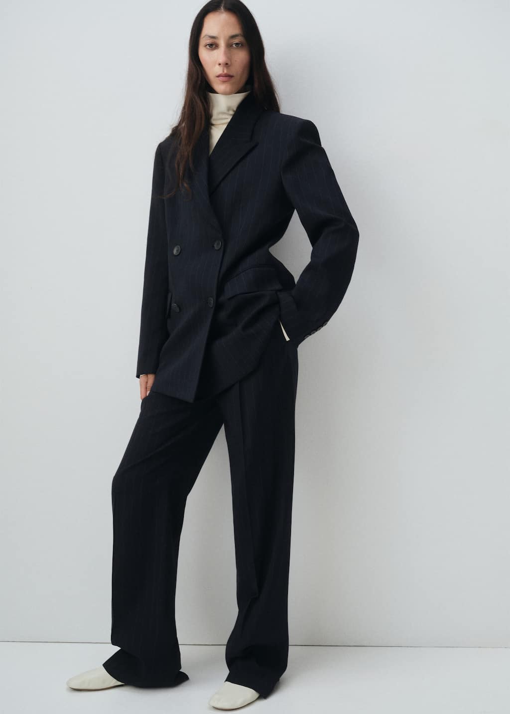 Mango Double-breasted Pinstripe Jacket Navy In Blue