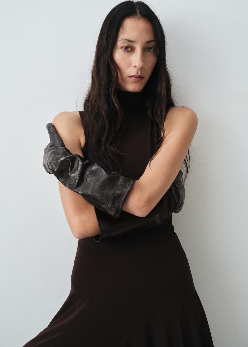 Mango Long Croc-effect Leather Gloves Black