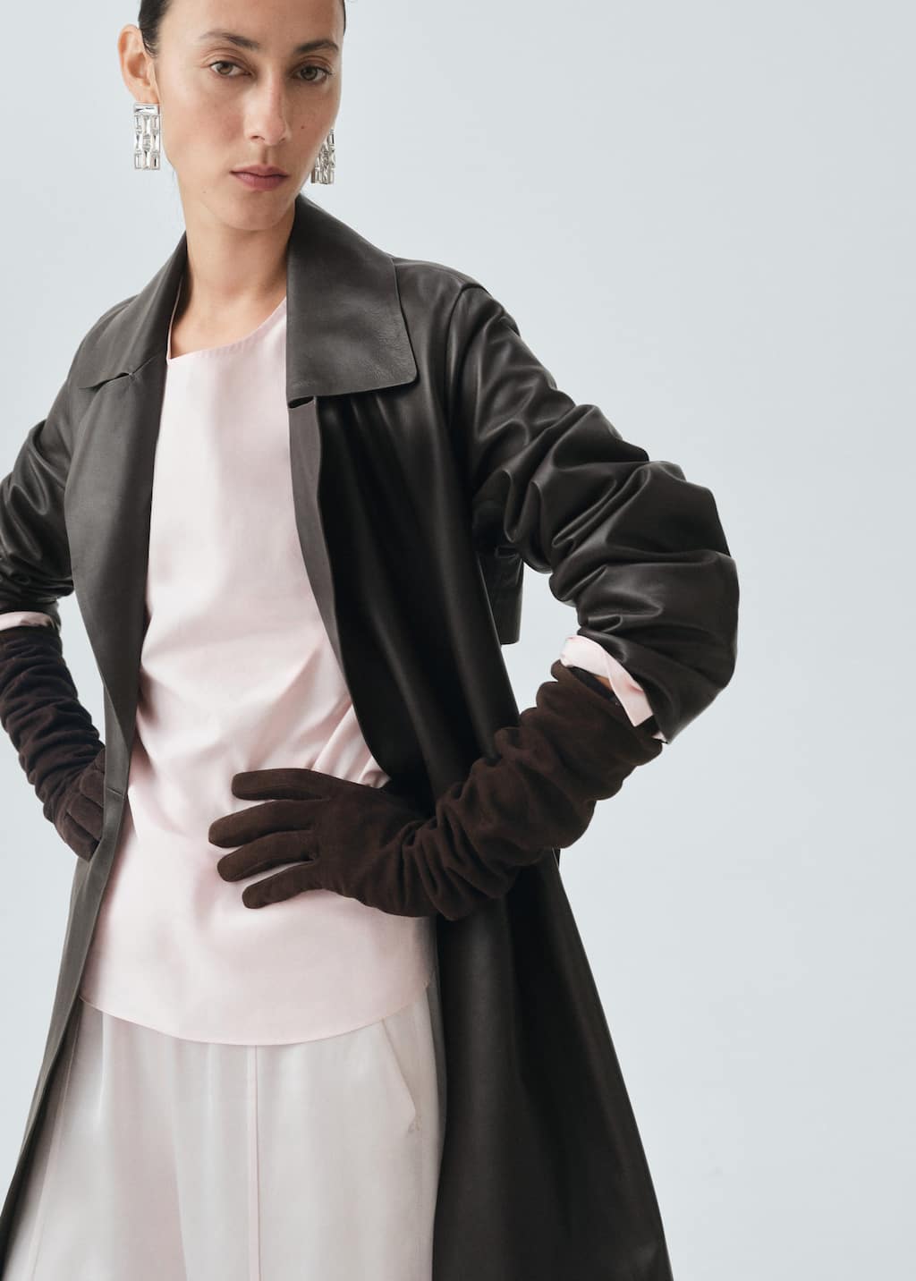 Mango Long Leather Suede Gloves Chocolate In Brown